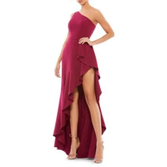 Women's Mac Duggal One Shoulder Ruffle High-Low Dress in Burgundy, Size 4 - Picture 2 of 7